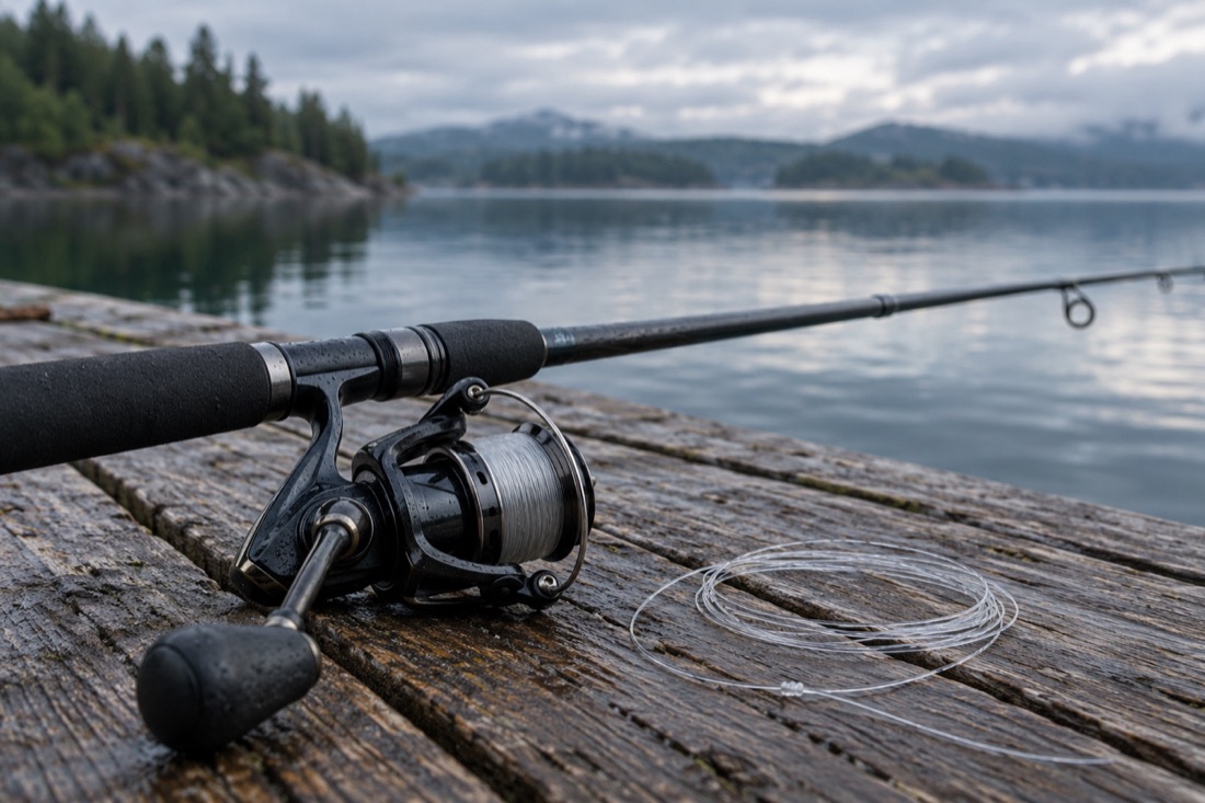 A spinning rod and reel resting on a weathered dock beside the water