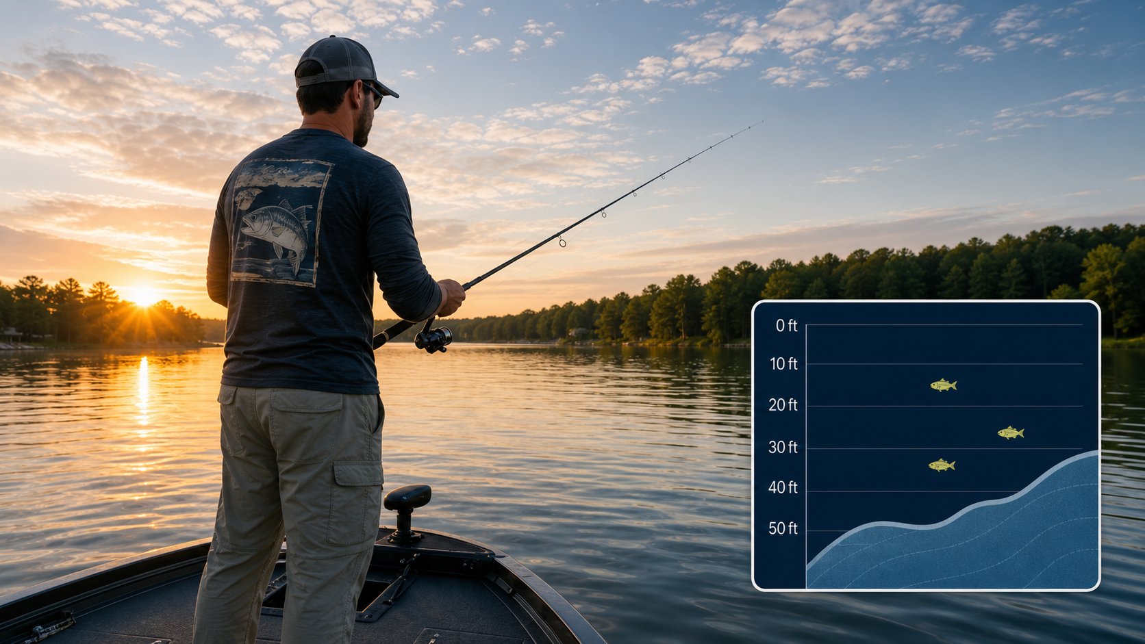 Angler casting from a boat at sunset with a depth chart overlay