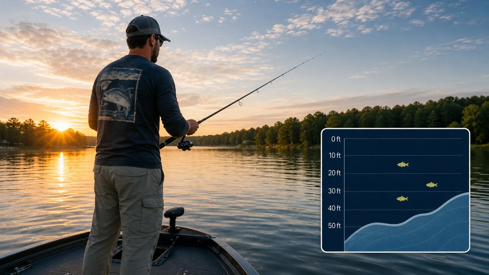 Angler casting from a boat at sunset with a depth chart overlay