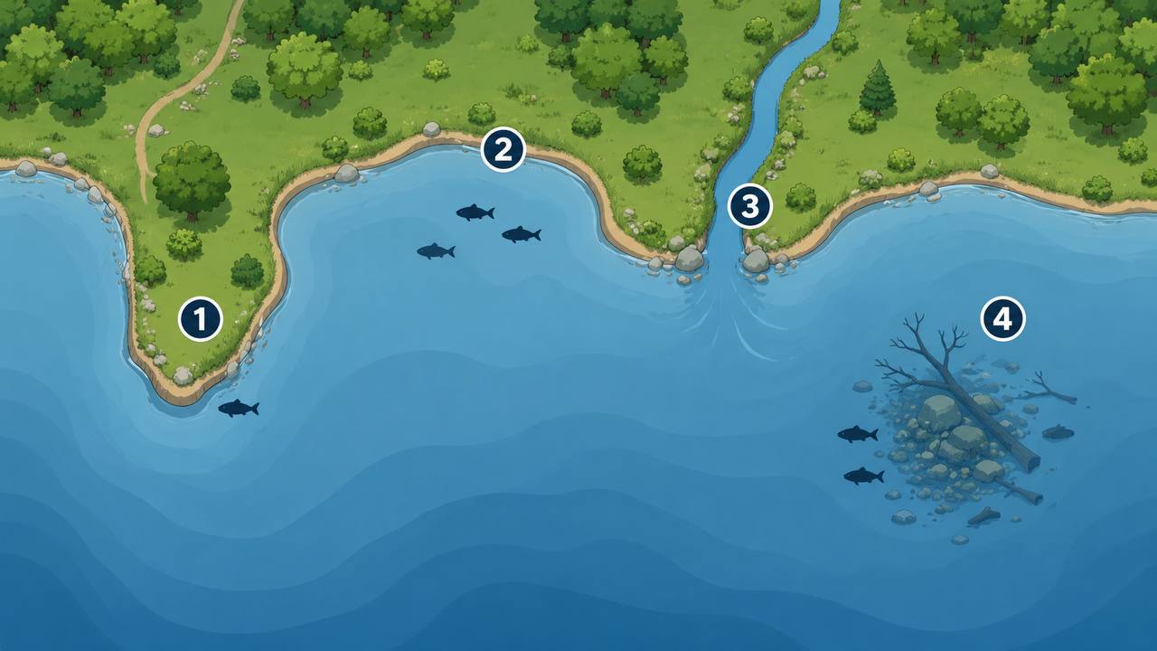 A top-down diagram showing four productive bank fishing spots: a rocky shoreline, a cove with calm water, a creek channel entering a lake, and submerged timber