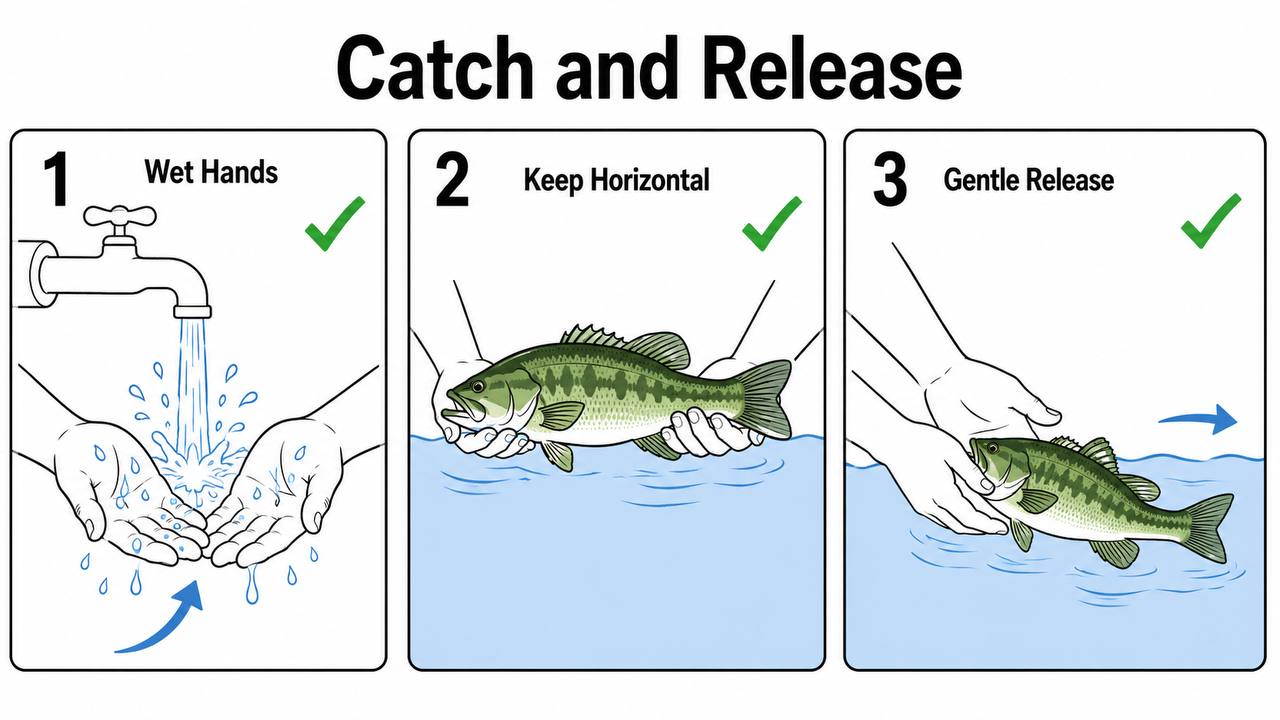 Diagram showing proper catch-and-release technique with both hands supporting the fish horizontally in the water