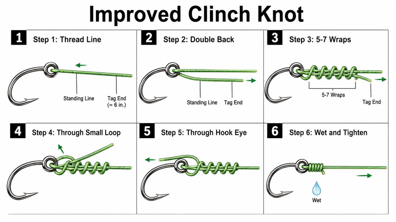 Step-by-step diagram of the Improved Clinch Knot showing all 6 steps including the improved loop-passing step