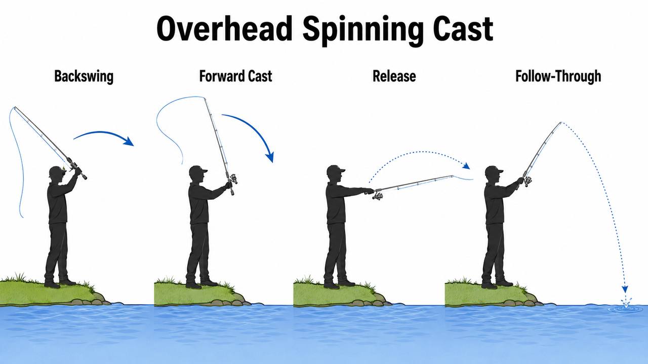 Diagram showing the correct overhead spinning cast arc with backswing behind the angler and line release at 10 to 11 o'clock