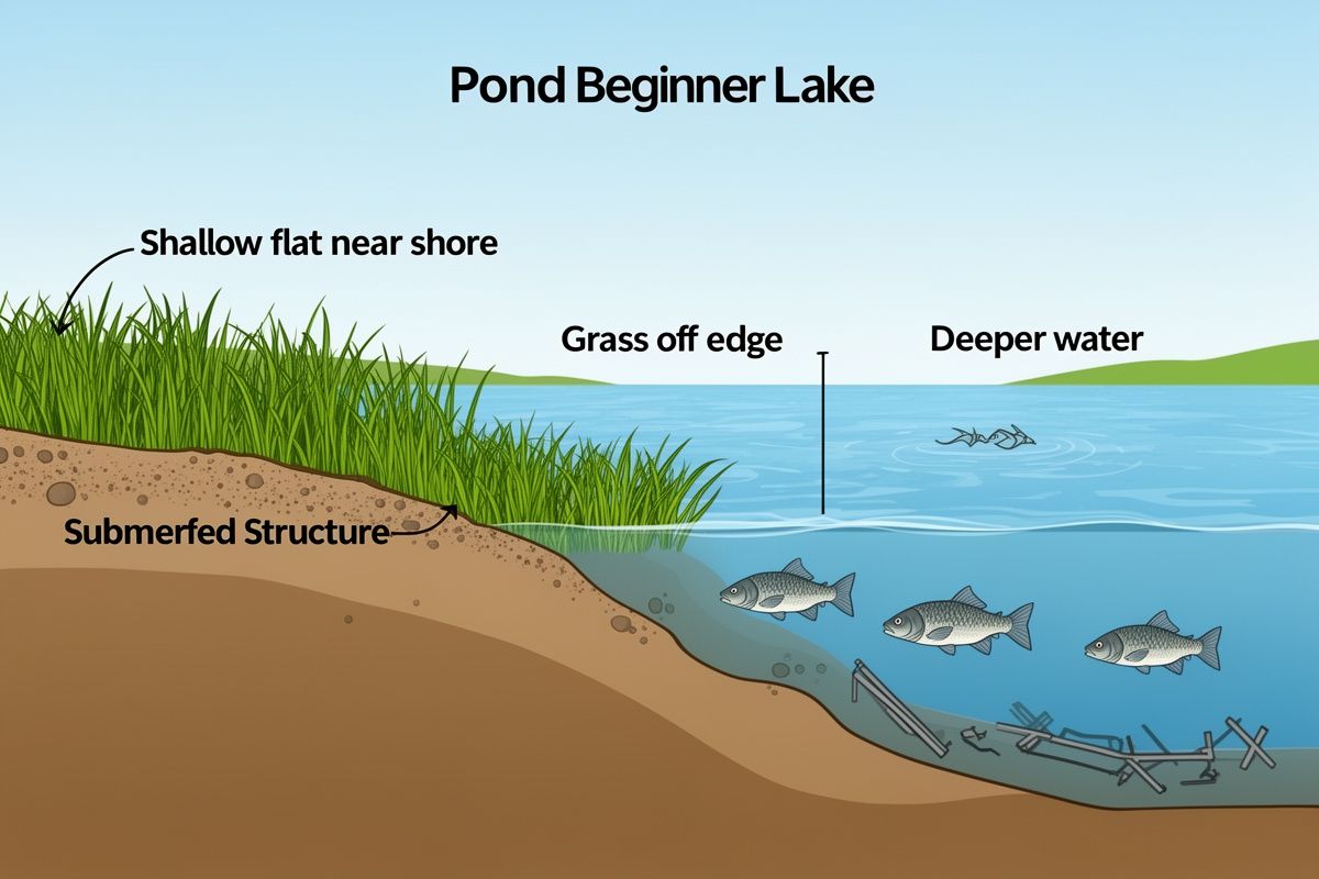 Diagram showing fish structure zones along a lake edge including weed beds, fallen trees, rocks, docks, and drop-offs