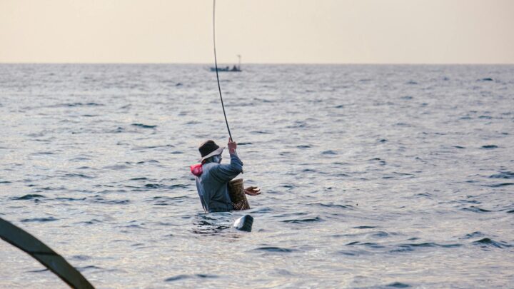 Angler standing in shallow saltwater casting with a fishing rod on a calm day