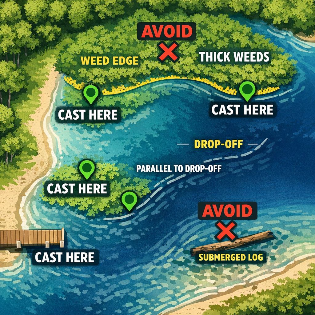 Top-down diagram showing optimal casting targets along shoreline