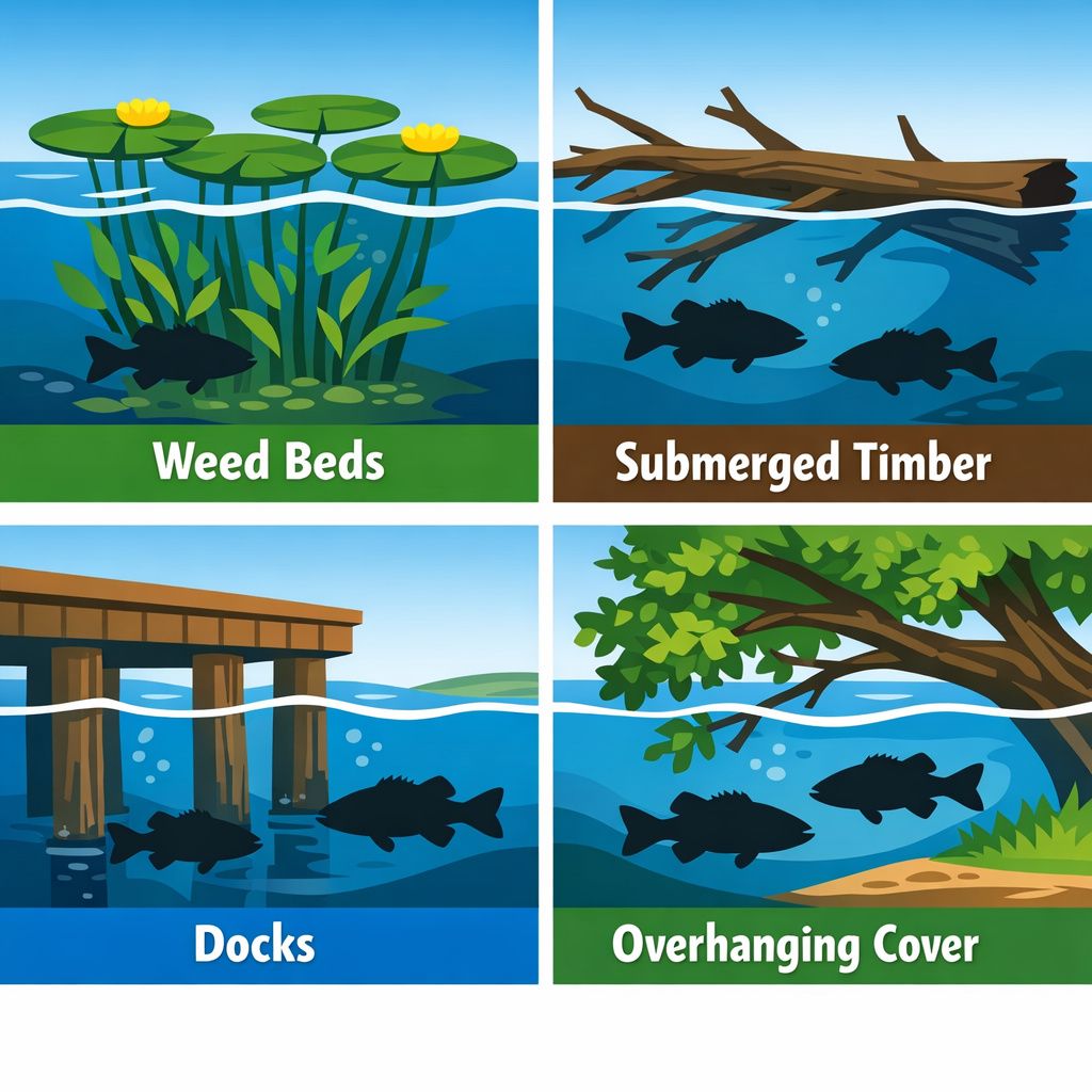 Diagram showing different types of fish cover from lake bank