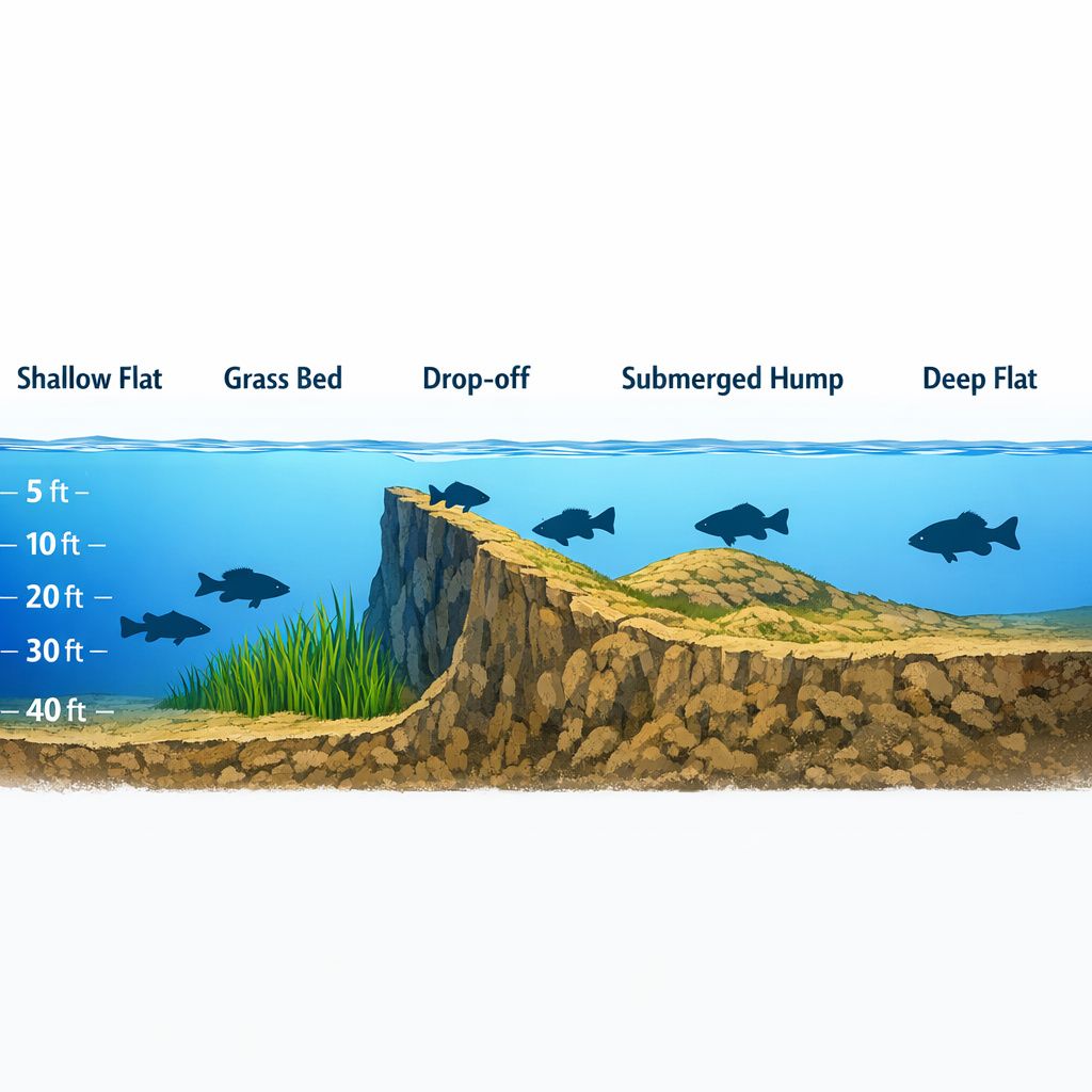 Lake bottom cross-section showing structure types and fish locations