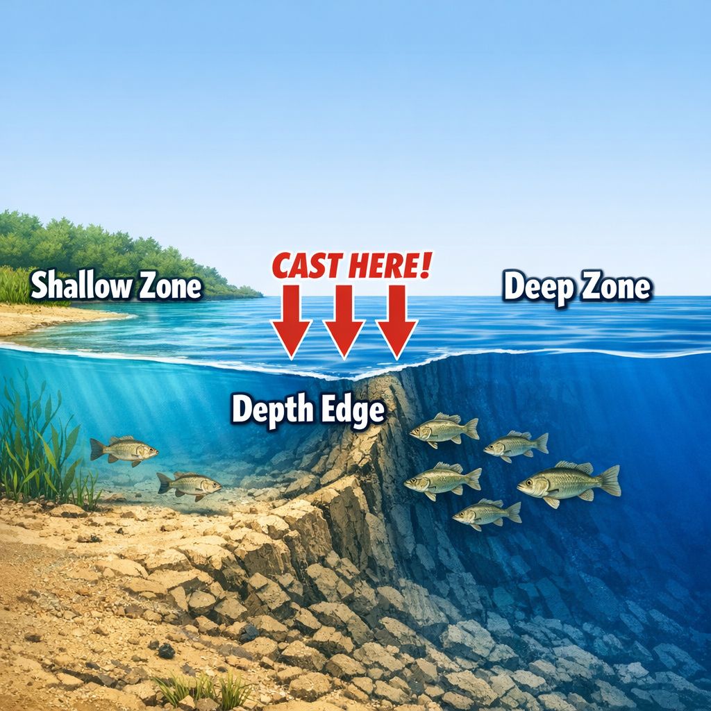 Diagram showing depth transition edge with fish concentrated along it