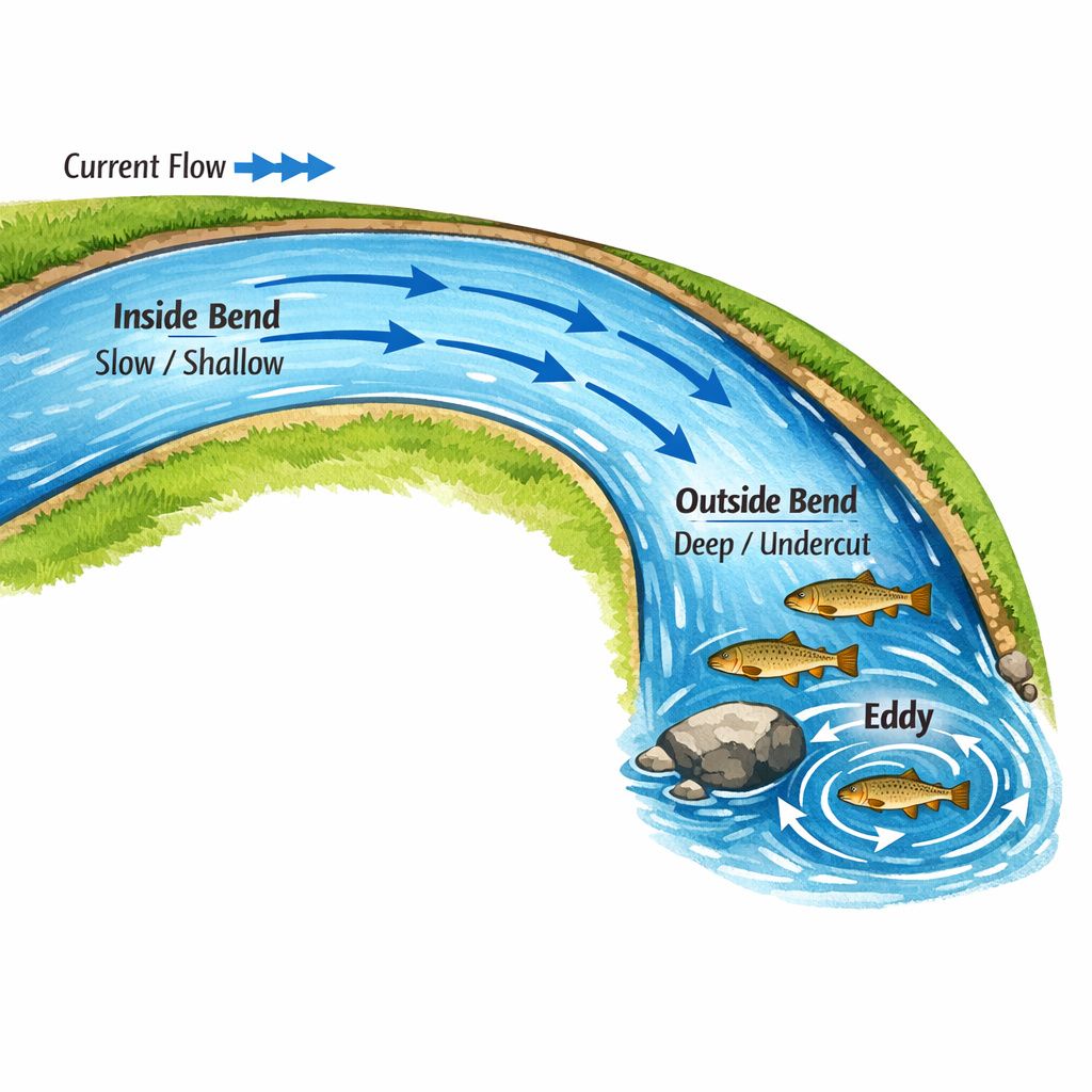 Top-down river bend diagram showing current flow and fish locations