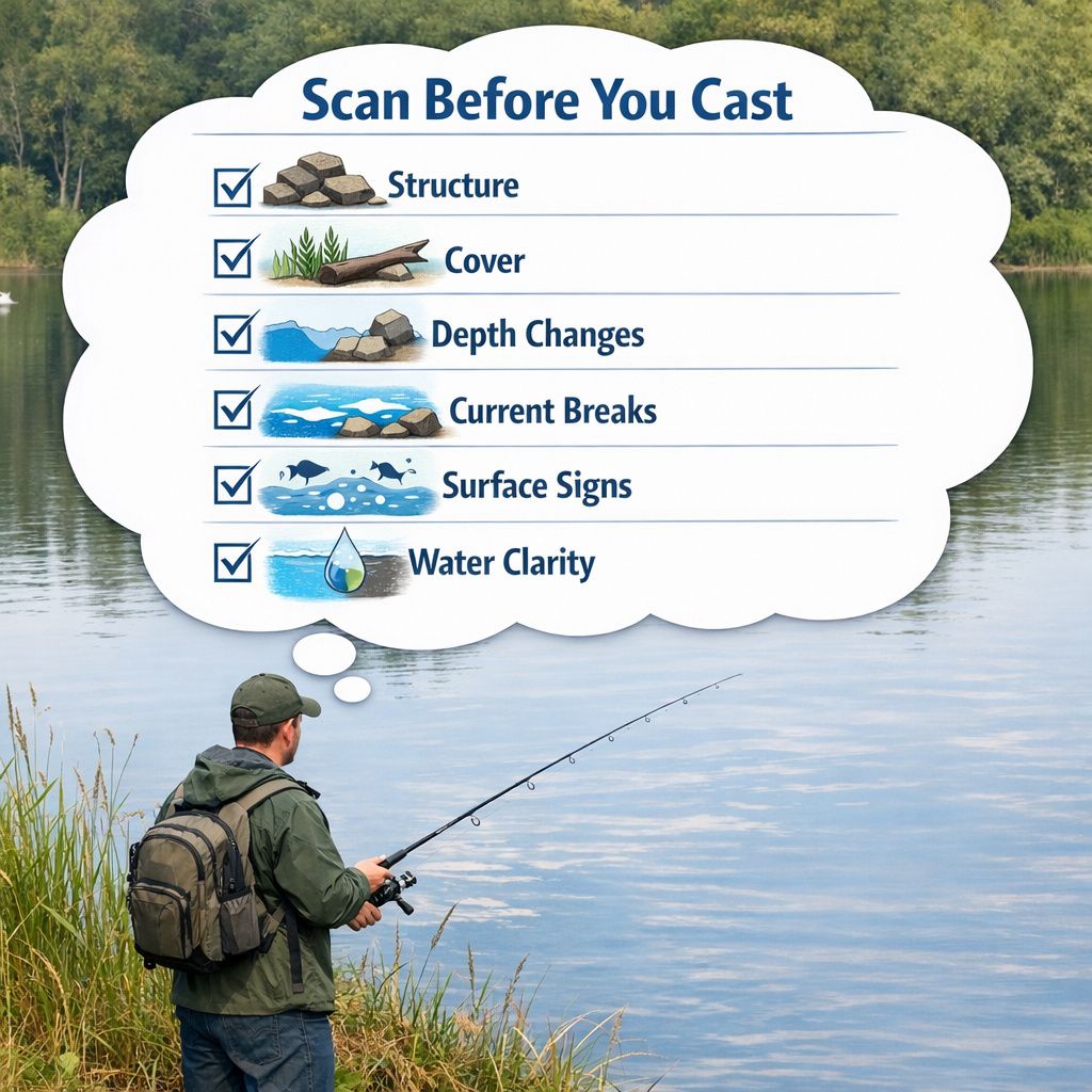 Angler scanning lake with callout arrows identifying features