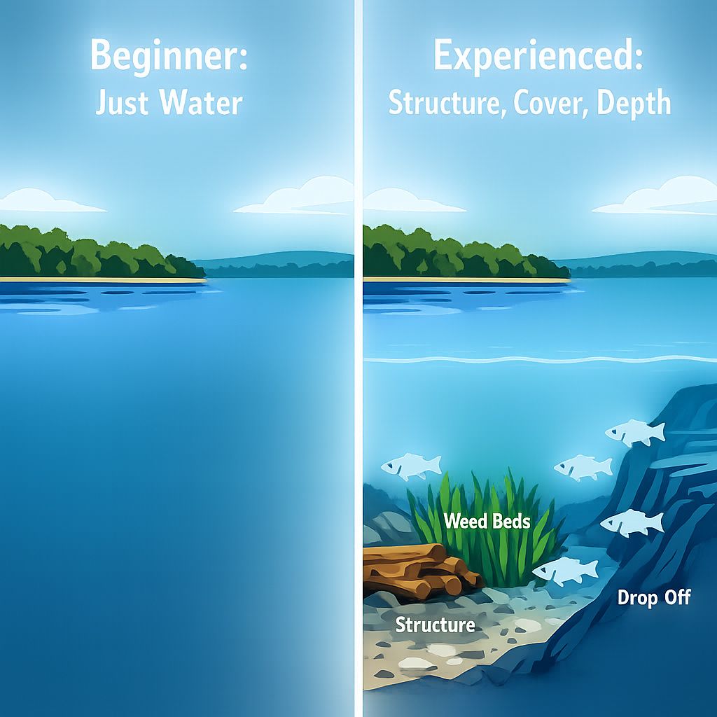 Split-panel diagram showing what beginners see vs what experienced anglers see