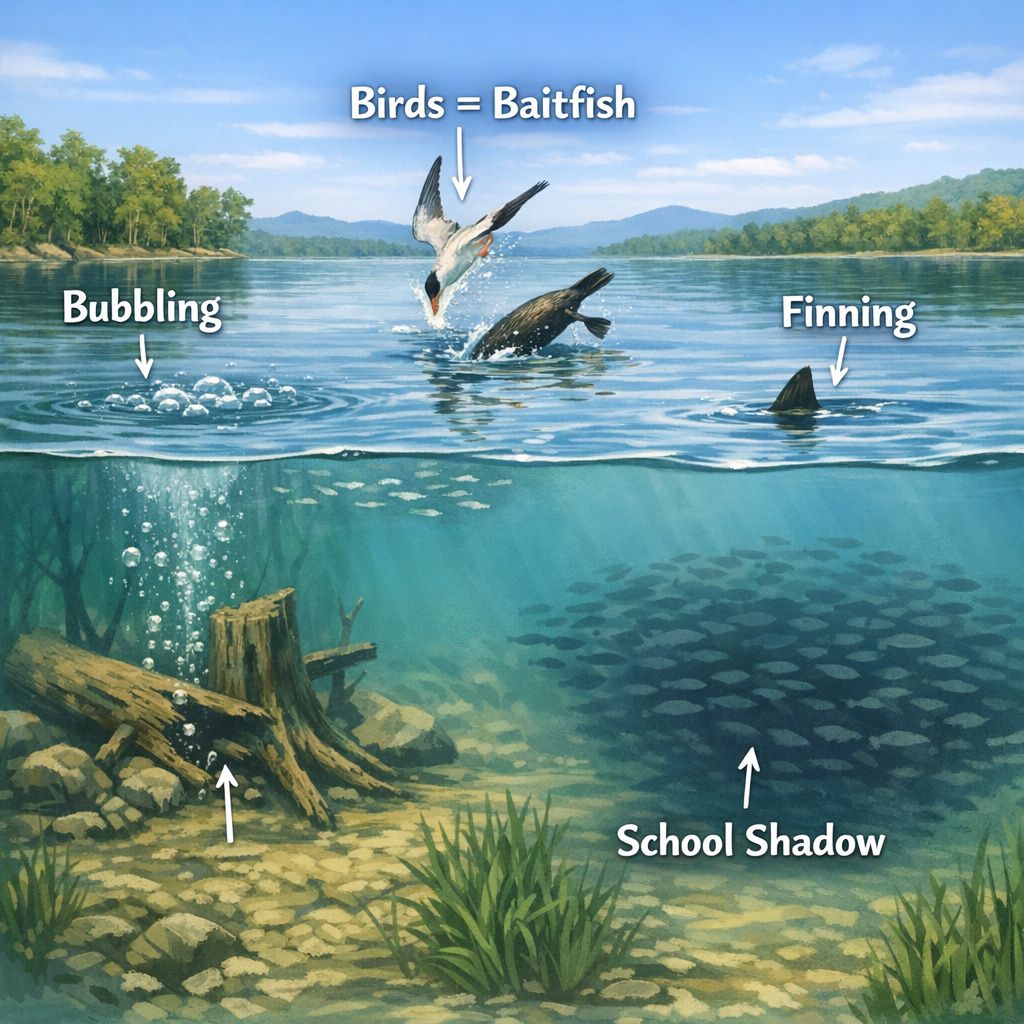 Diagram showing surface signs of fish activity on calm water