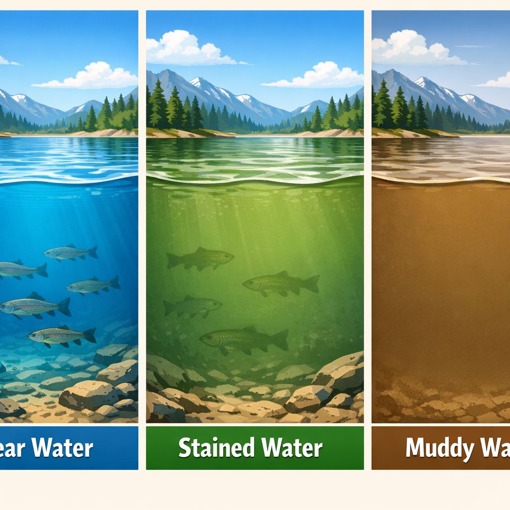Three-panel comparison of clear, stained, and muddy water conditions