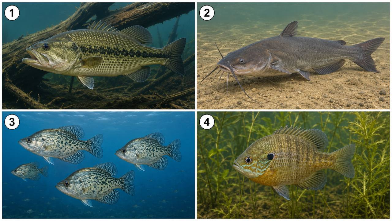 A four-panel collage showing largemouth bass near submerged timber, channel catfish on sandy bottom, crappie schooling in open water, and bluegill among aquatic vegetation