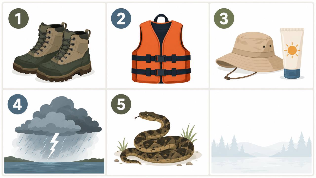 A six-panel illustrated safety guide for bank fishing: sturdy hiking boots, orange life vest, sun hat and sunscreen, thunderstorm warning, snake awareness, and calm water setting