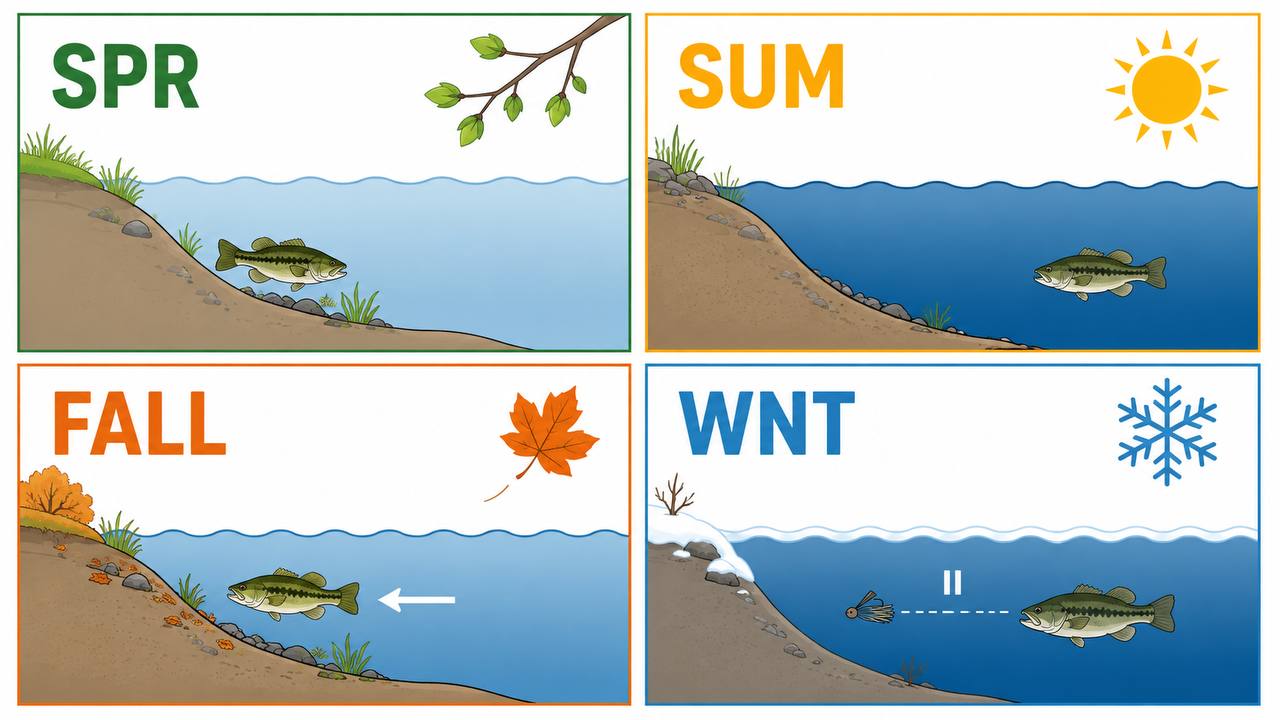 A four-quadrant seasonal chart showing bass fishing conditions: Spring with fish near shore in shallow water, Summer with deeper water and sun heat, Fall with fish returning to shore near fallen leaves, and Winter with ice cover and slow presentations