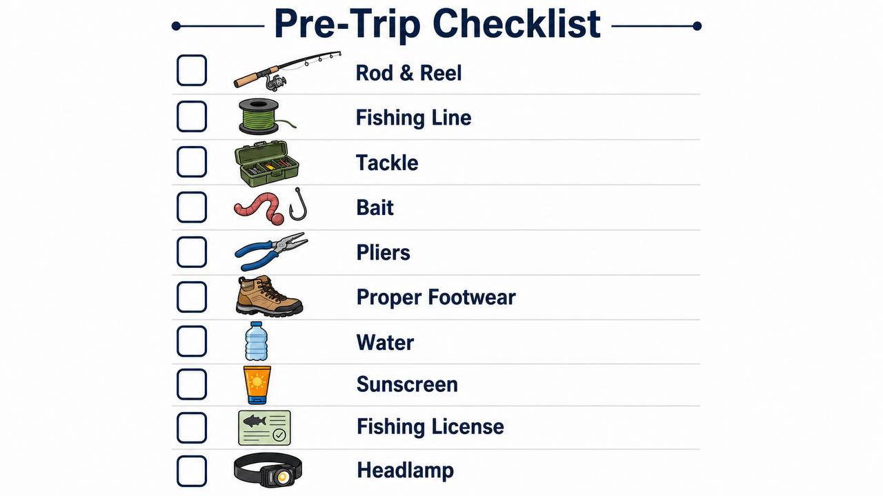 A pre-trip checklist graphic with 10 illustrated items: rod and reel, fishing line, tackle box, bait, pliers, proper footwear, water bottle, sunscreen, fishing license, and headlamp