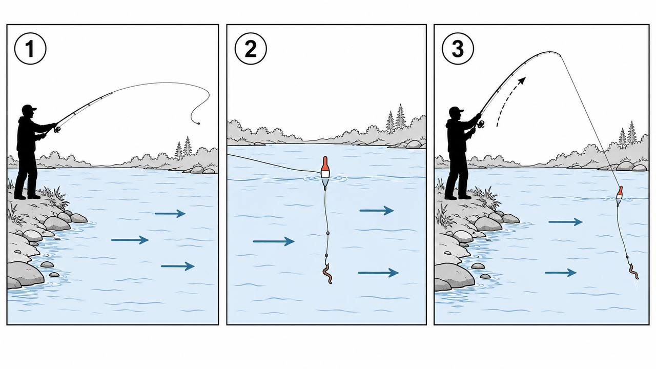 A three-step diagram illustrating drift fishing from shore: casting downstream, bait drifting with current, and setting the hook