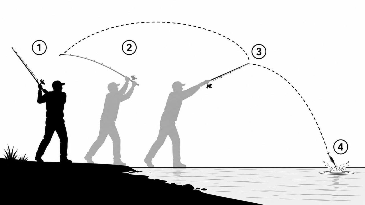 A four-stage silhouette diagram showing the proper casting motion: preparation, power stroke, follow-through, and lure landing