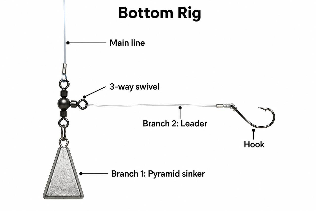 Labeled diagram of a bottom fish-finder rig showing three-way swivel, pyramid sinker, and hook leader configuration