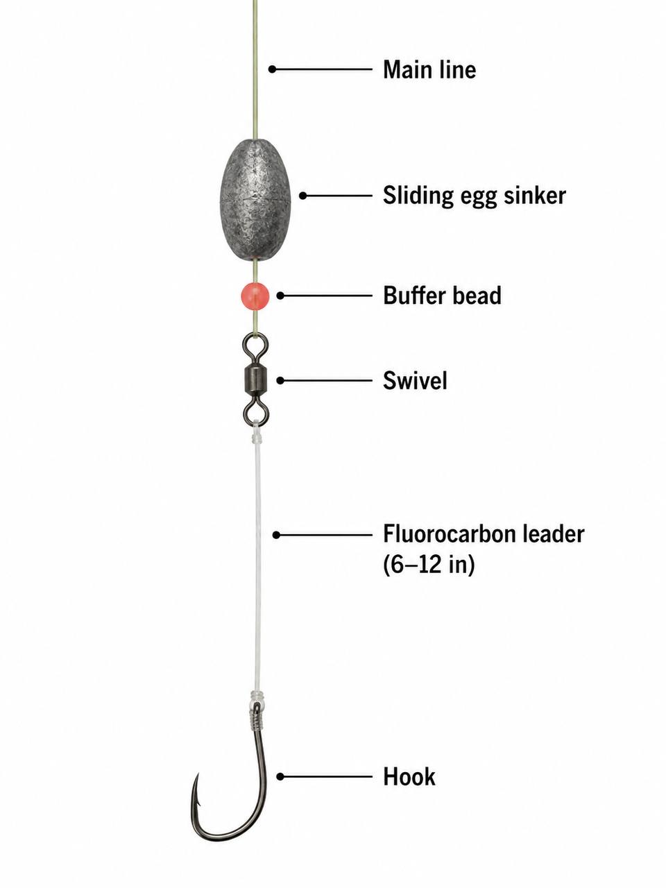 Labeled diagram of a Carolina rig showing egg sinker, buffer bead, swivel, leader, and hook in correct assembly order