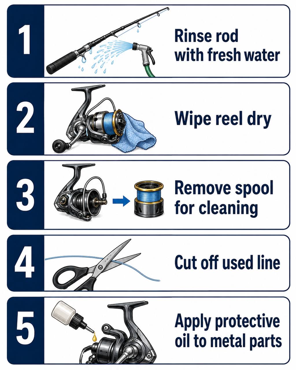 Five-step saltwater fishing gear care checklist: rinse rod, wipe reel, remove spool, cut line, oil metal parts