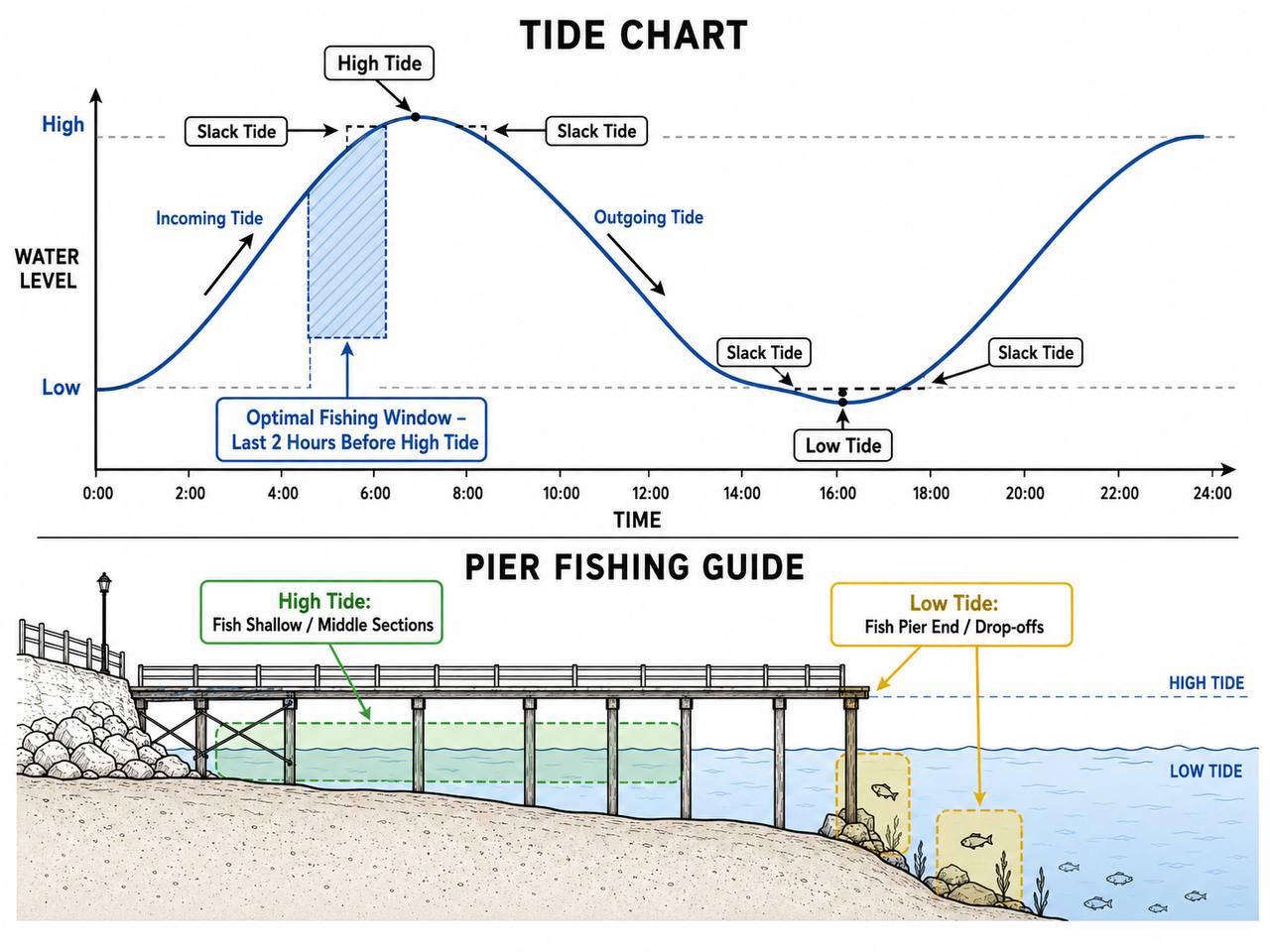 Educational tide chart diagram showing high tide, low tide, incoming and outgoing tides with optimal pier fishing windows highlighted