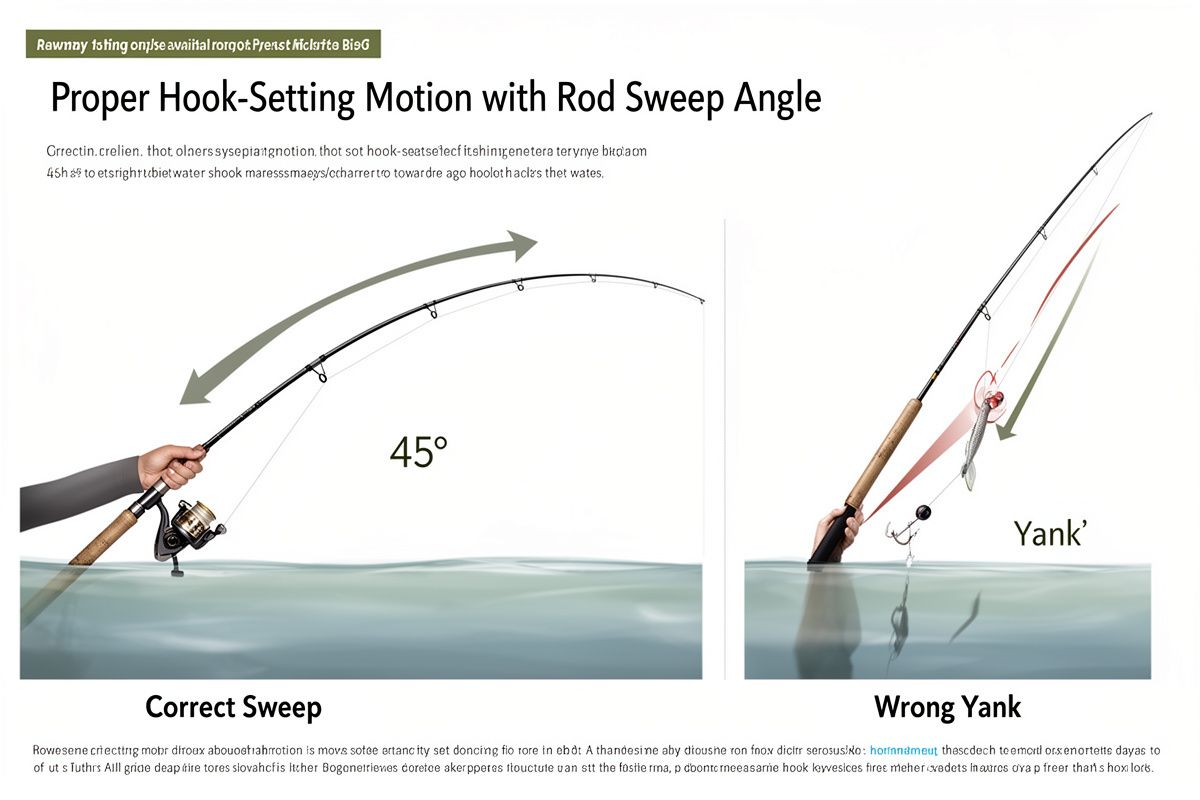 Diagram showing proper 45-degree hook-set sweep motion versus incorrect straight-up yank