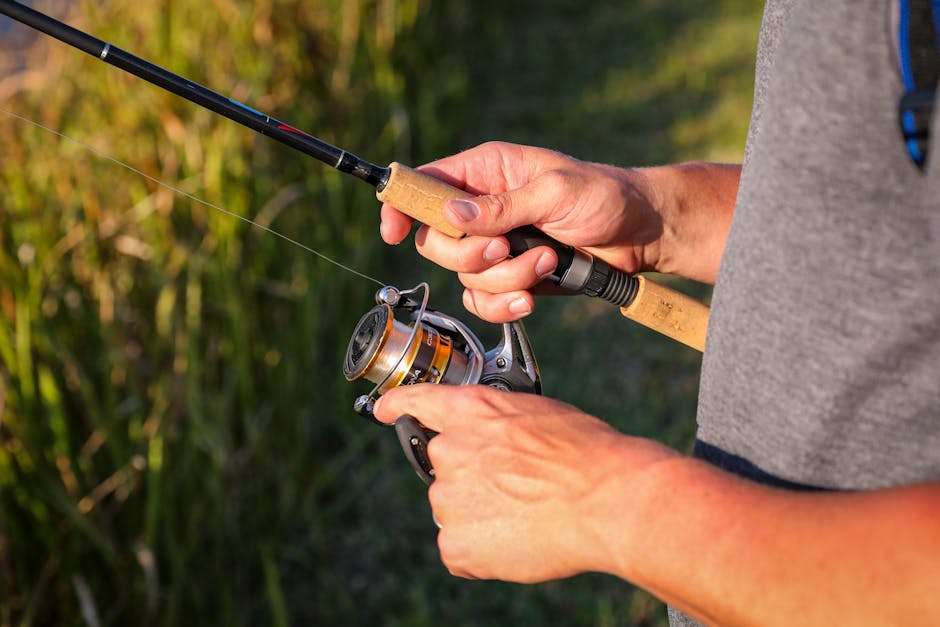 Close-up of spinning reel drag adjustment knob being turned