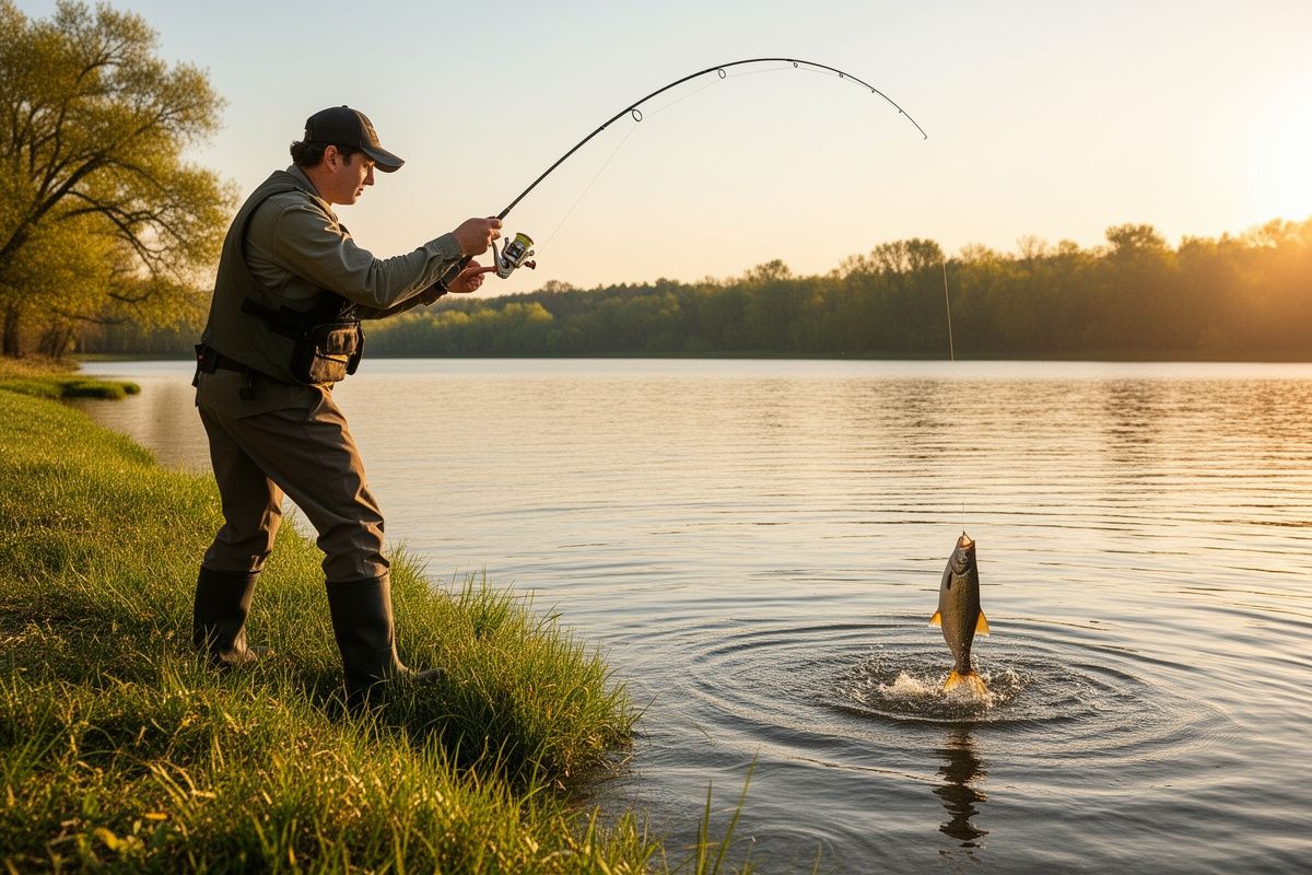 Angler setting the hook and fighting a fish from the bank with a bent fishing rod