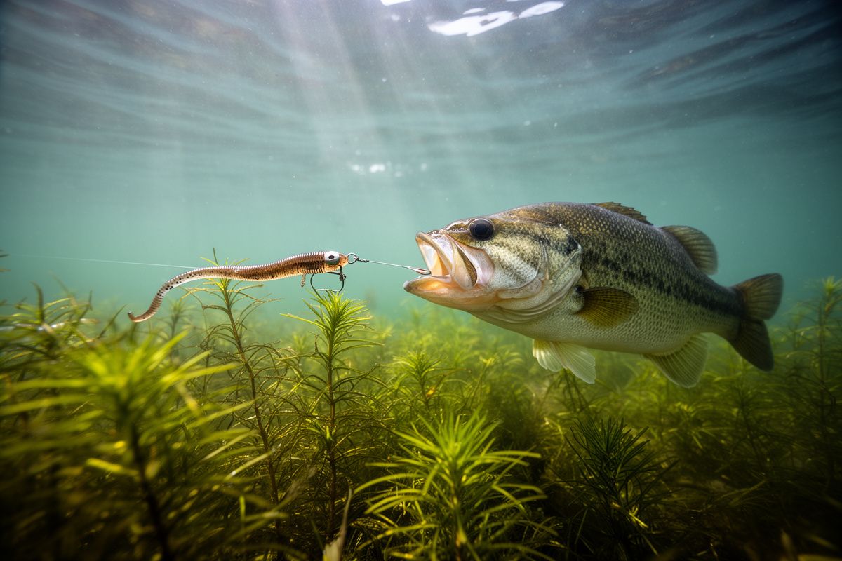 Underwater bass strike on soft plastic worm in coontail vegetation