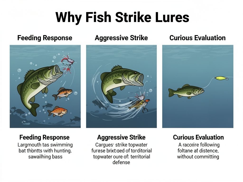 Educational diagram showing three reasons fish strike lures: feeding response, aggressive strike, and curious evaluation