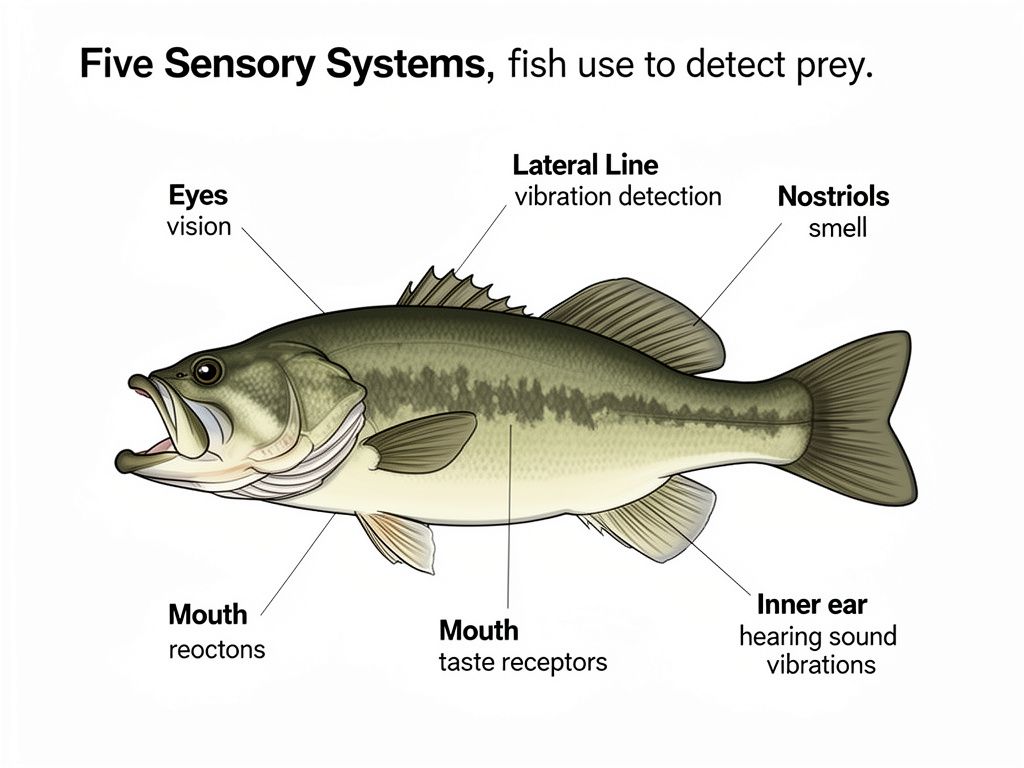 Fish anatomy diagram showing sensory systems: eyes, lateral line, nostrils, and inner ear