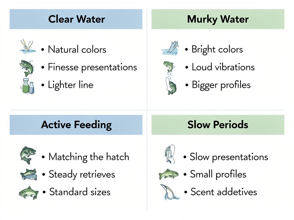 Fishing conditions checklist showing tackle choices for clear water, murky water, active feeding, and slow periods