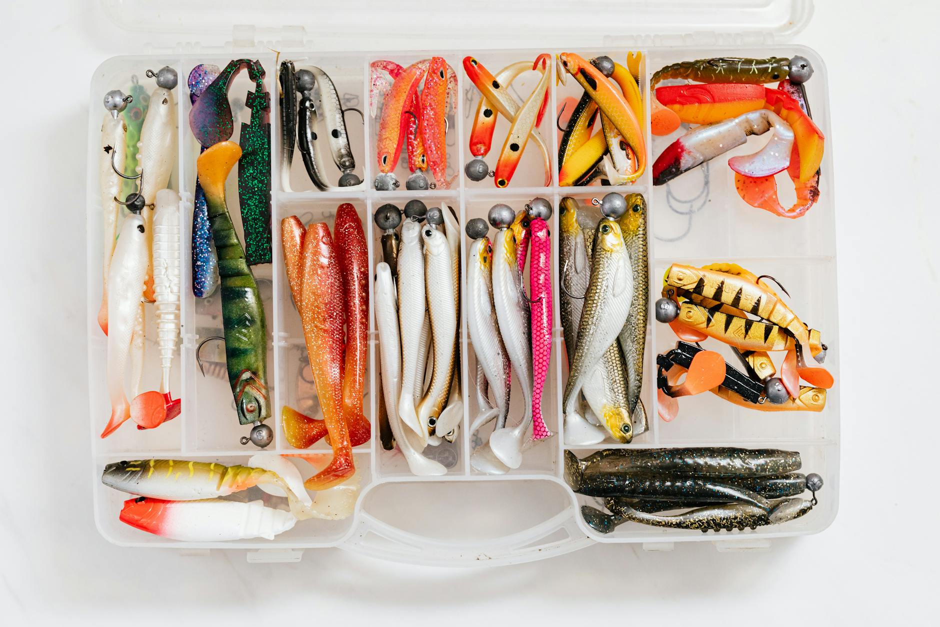 Complete starter fishing lure collection for beginner freshwater anglers including soft plastics, crankbait, spinnerbait, topwater lure, and panfish jig