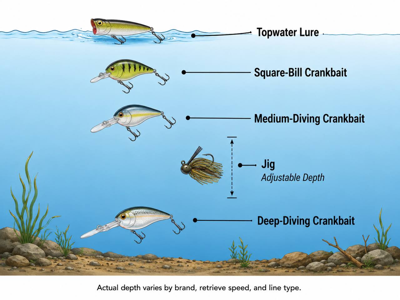 Diagram showing the relative operating depths of different lure types from topwater on the surface to deep-diving crankbaits near the bottom