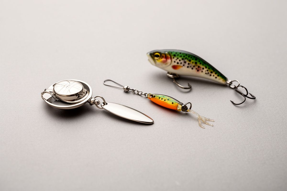 Trout-appropriate fishing lures: a small inline spinner, casting spoon, and lightweight jig with tiny soft-plastic trailer