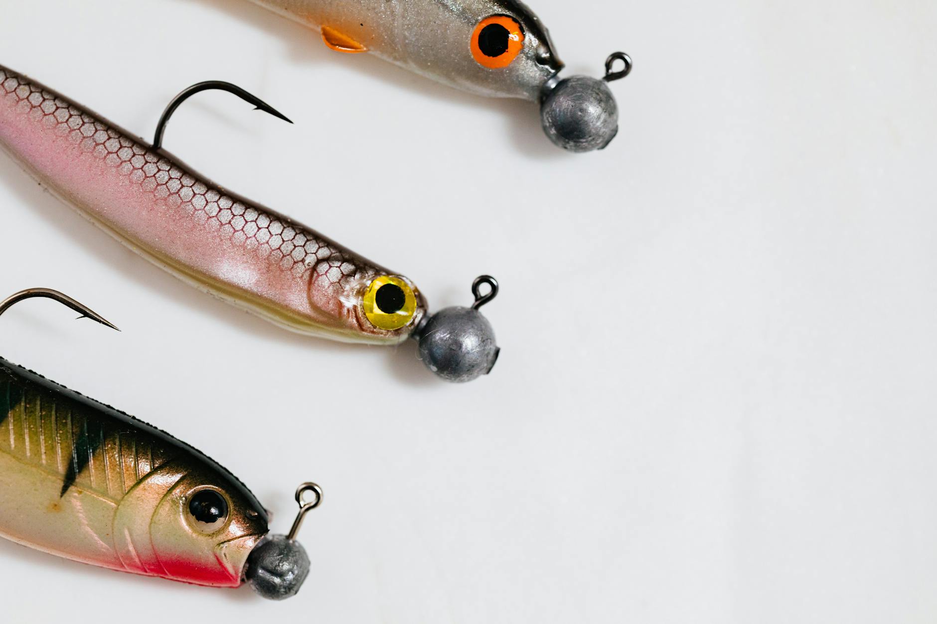 Common bass fishing lures: a green pumpkin soft plastic creature bait, medium-diving crankbait, and spinnerbait with Colorado blade