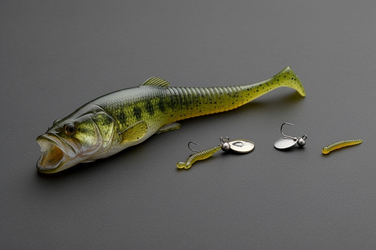Size comparison between a large bass lure and small panfish lures showing the dramatic size difference