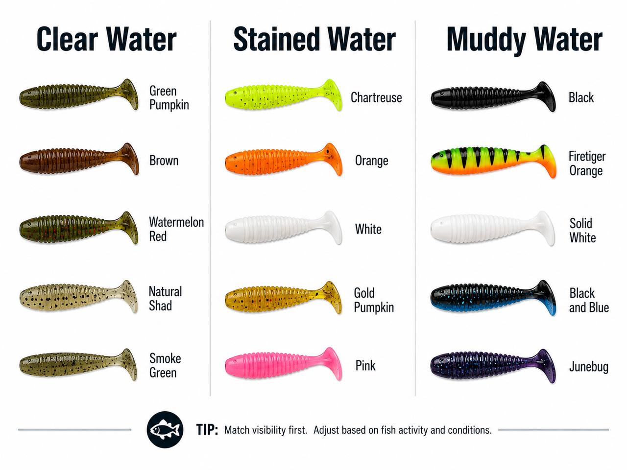 Lure color selection chart by water clarity: natural colors for clear water, medium-brightness for stained water, and dark or bright colors for muddy water