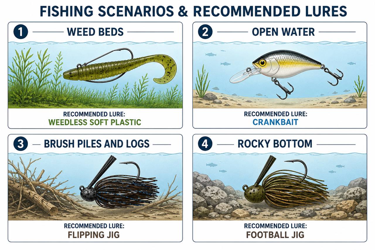 Diagram matching fishing lure types to underwater cover: weedless soft plastic for weed beds, crankbait for open water, flipping jig for brush piles, football jig for rocky bottom
