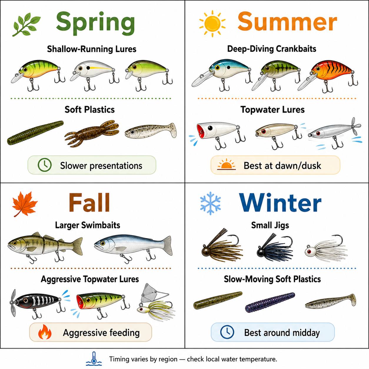 Seasonal fishing lure selection guide: spring shallow lures, summer deep and topwater, fall aggressive large lures, winter small slow presentations