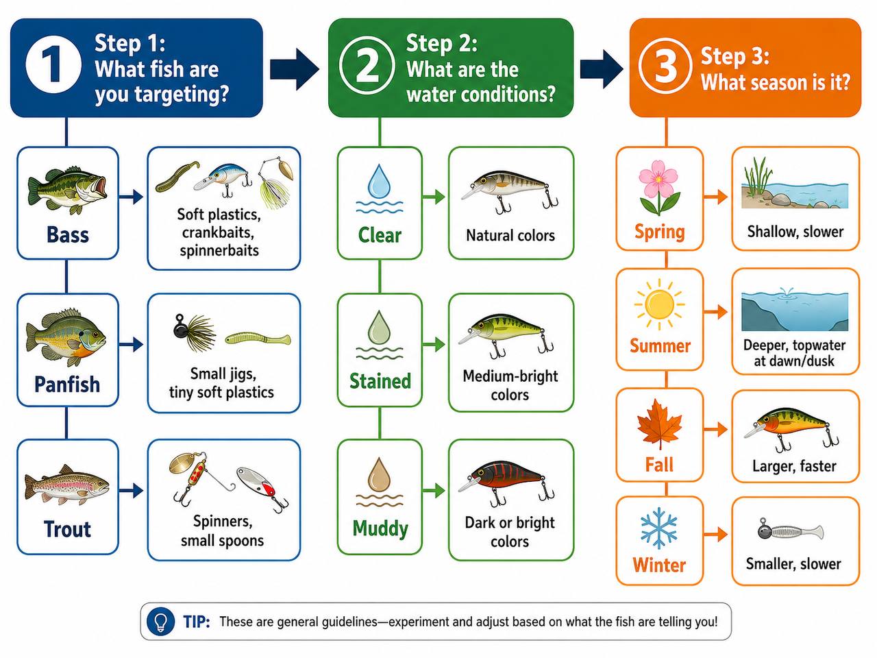 Quick-reference flowchart for choosing the right fishing lure: three steps covering target fish species, water clarity conditions, and seasonal timing