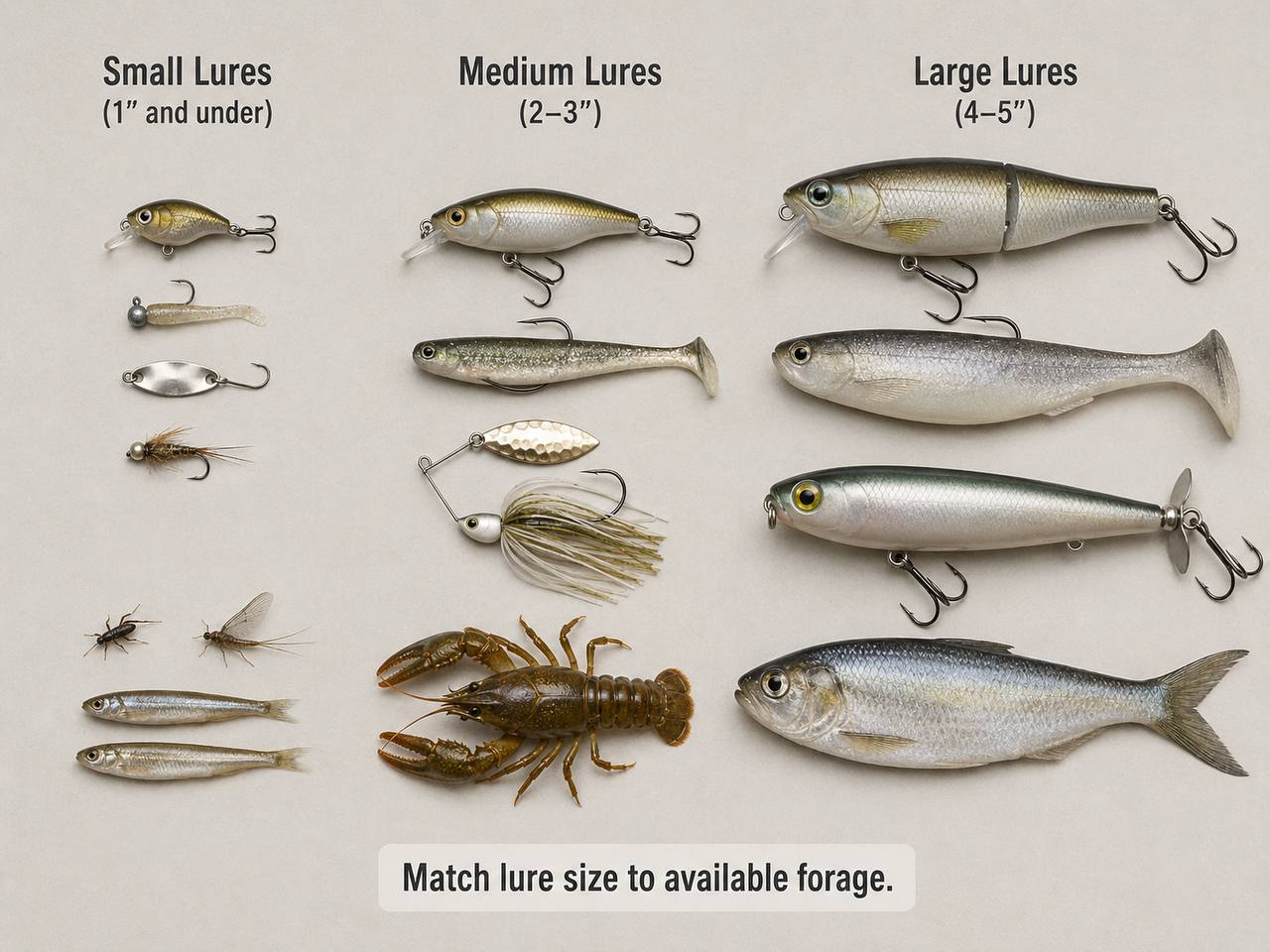 Fishing lure sizes compared to common freshwater forage showing the matching-the-hatch principle from small panfish lures to larger bass lures