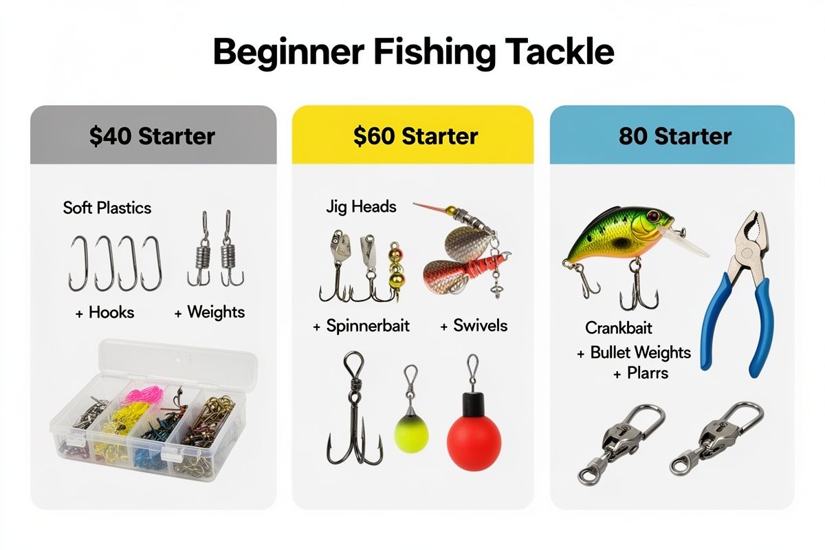 A visual breakdown of three budget tiers for a beginner tackle box: $40 starter, $60 recommended, and $80 complete kit