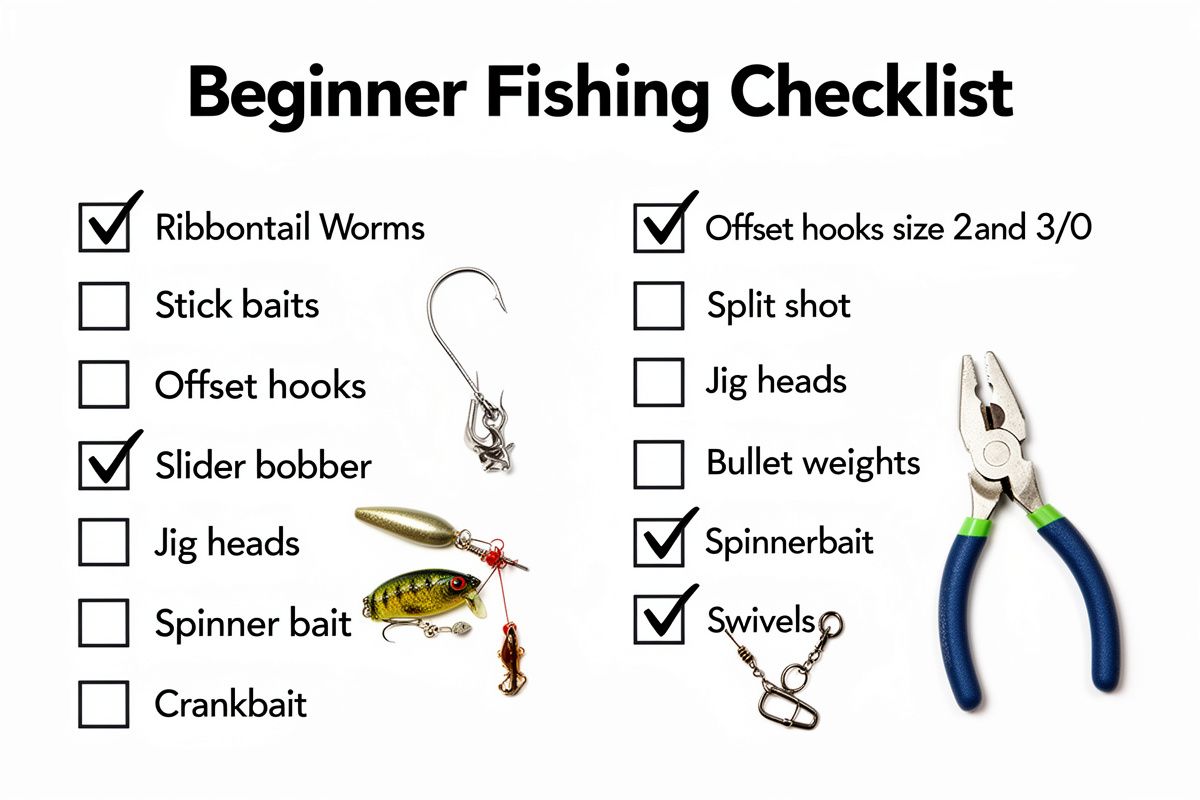A printed checklist of beginner tackle box essentials organized by Tier 1 and Tier 2 with checkboxes