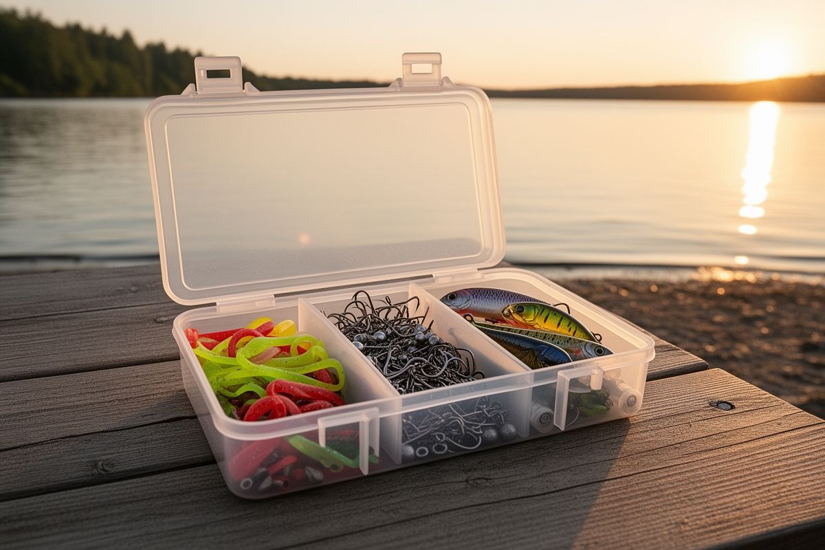 Fishing tackle box organized with hooks, lures, weights, and essential beginner fishing tackle