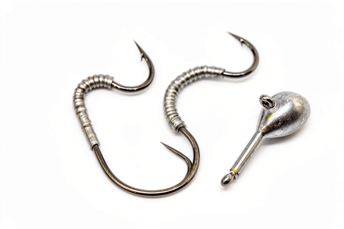 Offset worm hooks in sizes 2 and 3/0 laid out on a neutral surface, showing the characteristic offset bend near the eye of the hook