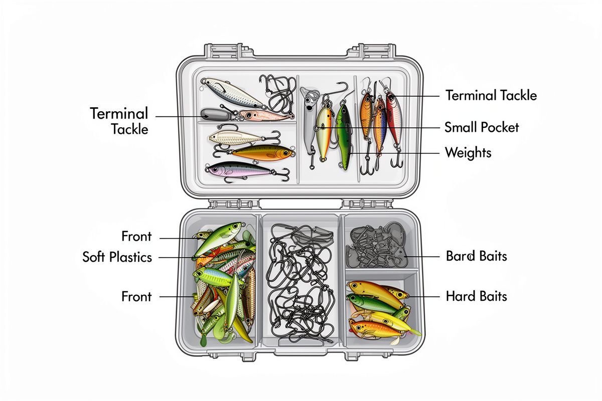 An open hinged tackle box organized with compartments for soft plastics, hooks, weights, hard baits, and terminal tackle